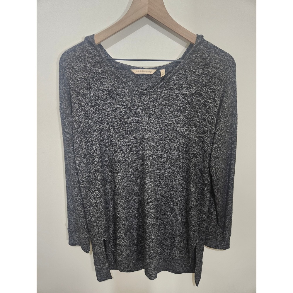 Soft‎ Surroundings Womens Gray Marled Hooded V-Neck Sweater Top Size S 28067